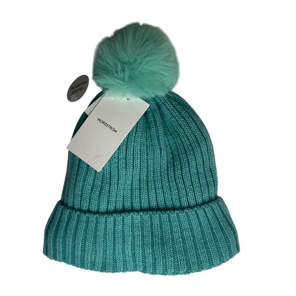 Nordstrom Green Pastel Faux Fur Beanie Hat Pom-Pom Knit Size OS New - Picture 1 of 8